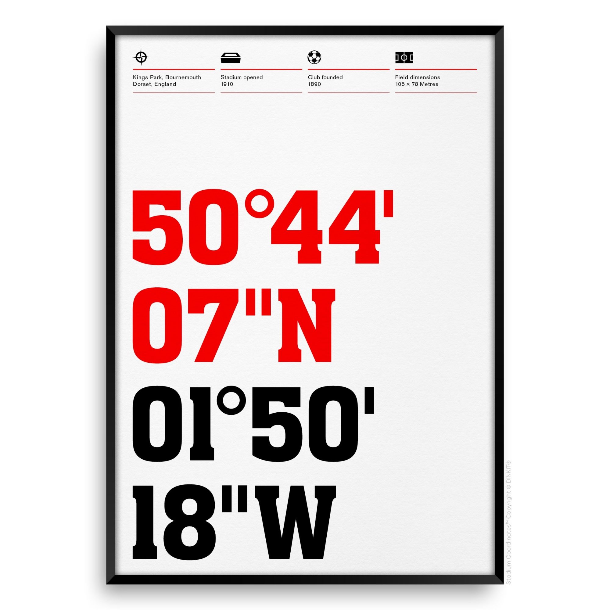 AFC Bournemouth Gifts, Dean Court Stadium Coordinates, Football Posters By DINKIT